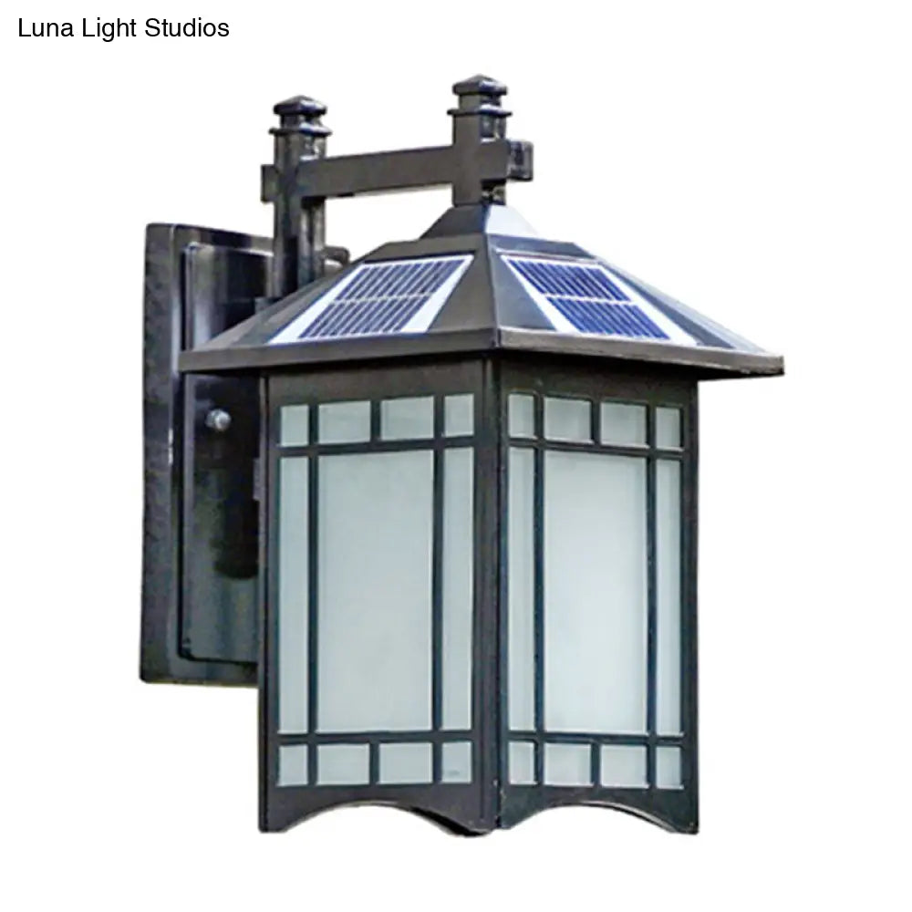 Solar-Powered Led House Sconce Light: Country Black/Brass With Frosted Glass Wall-Mounted Fixture