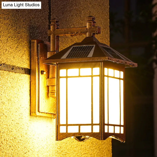 Solar-Powered Led House Sconce Light: Country Black/Brass With Frosted Glass Wall-Mounted Fixture