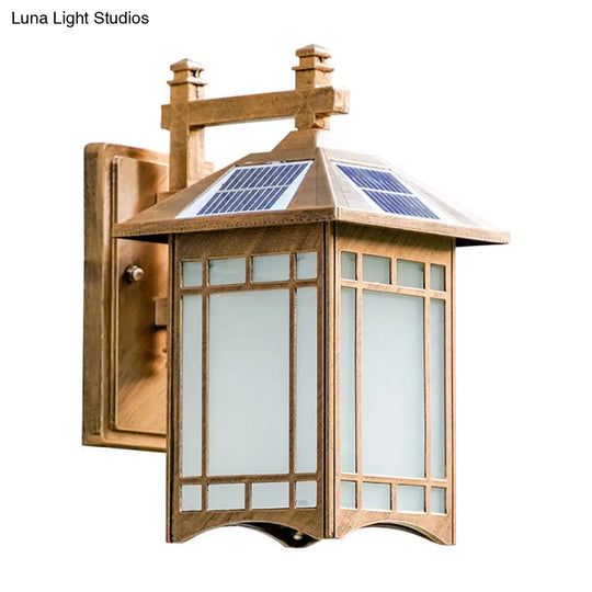 Solar-Powered Led House Sconce Light: Country Black/Brass With Frosted Glass Wall-Mounted Fixture