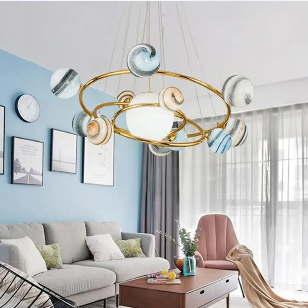 Solar System Chandelier Pendant Light Kit - Stained Glass Modern Style Gold For Living Room 13 /