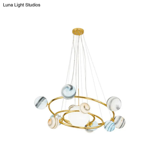 Solar System Chandelier Pendant Light Kit - Stained Glass Modern Style Gold For Living Room