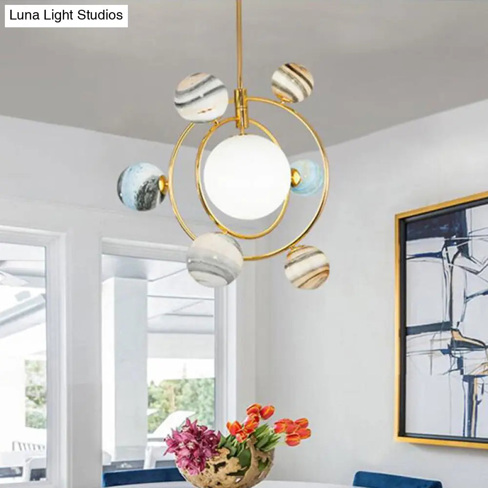 Gold Solar System Chandelier - Modern Stained Glass Pendant Light For Living Room 7 / Downrods