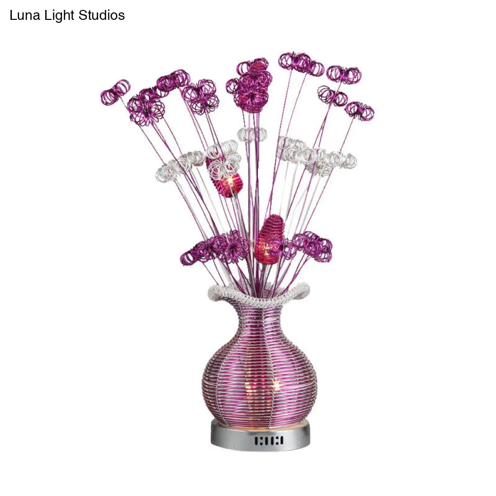 Art Deco Aluminium Wire Led Nightstand Lamp With Plant And Vase Design In Purple