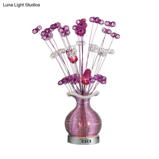 Art Deco Aluminium Wire Led Nightstand Lamp With Plant And Vase Design In Purple