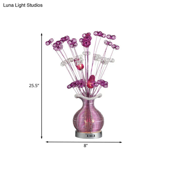 Art Deco Aluminium Wire Led Nightstand Lamp With Plant And Vase Design In Purple