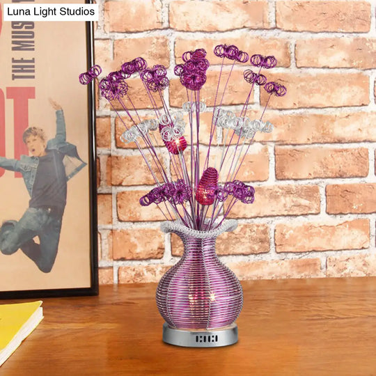 Art Deco Aluminium Wire Led Nightstand Lamp With Plant And Vase Design In Purple