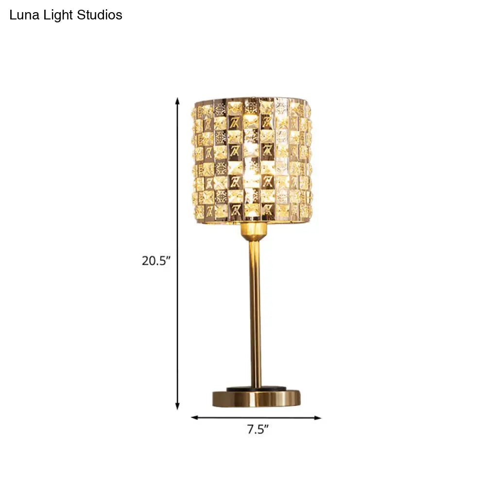 Brass Crystal Nightstand Lamp: Minimalist Cylindrical Insert Bedside Lighting With 1 Bulb