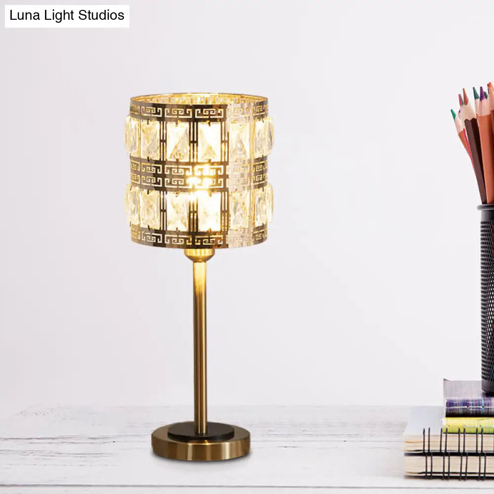 Brass Crystal Nightstand Lamp: Minimalist Cylindrical Insert Bedside Lighting With 1 Bulb