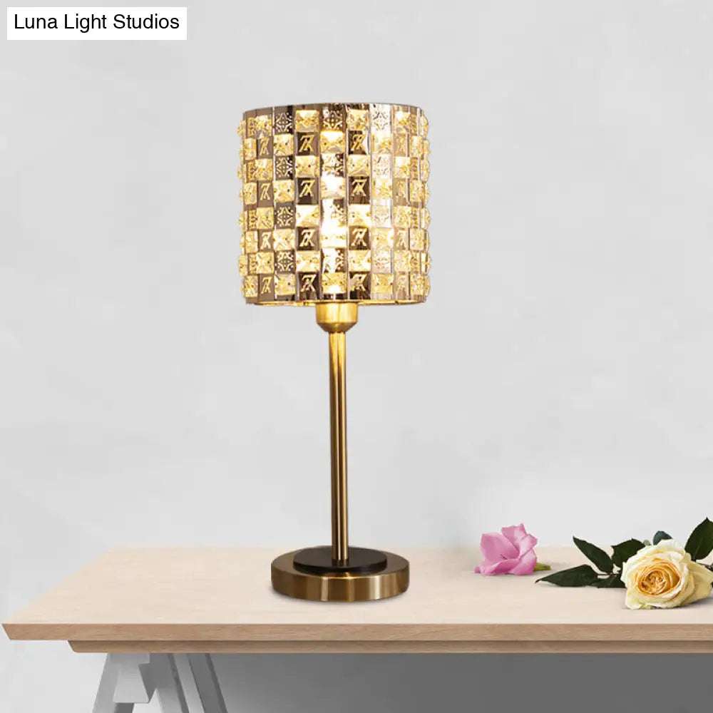 Brass Crystal Nightstand Lamp: Minimalist Cylindrical Insert Bedside Lighting With 1 Bulb