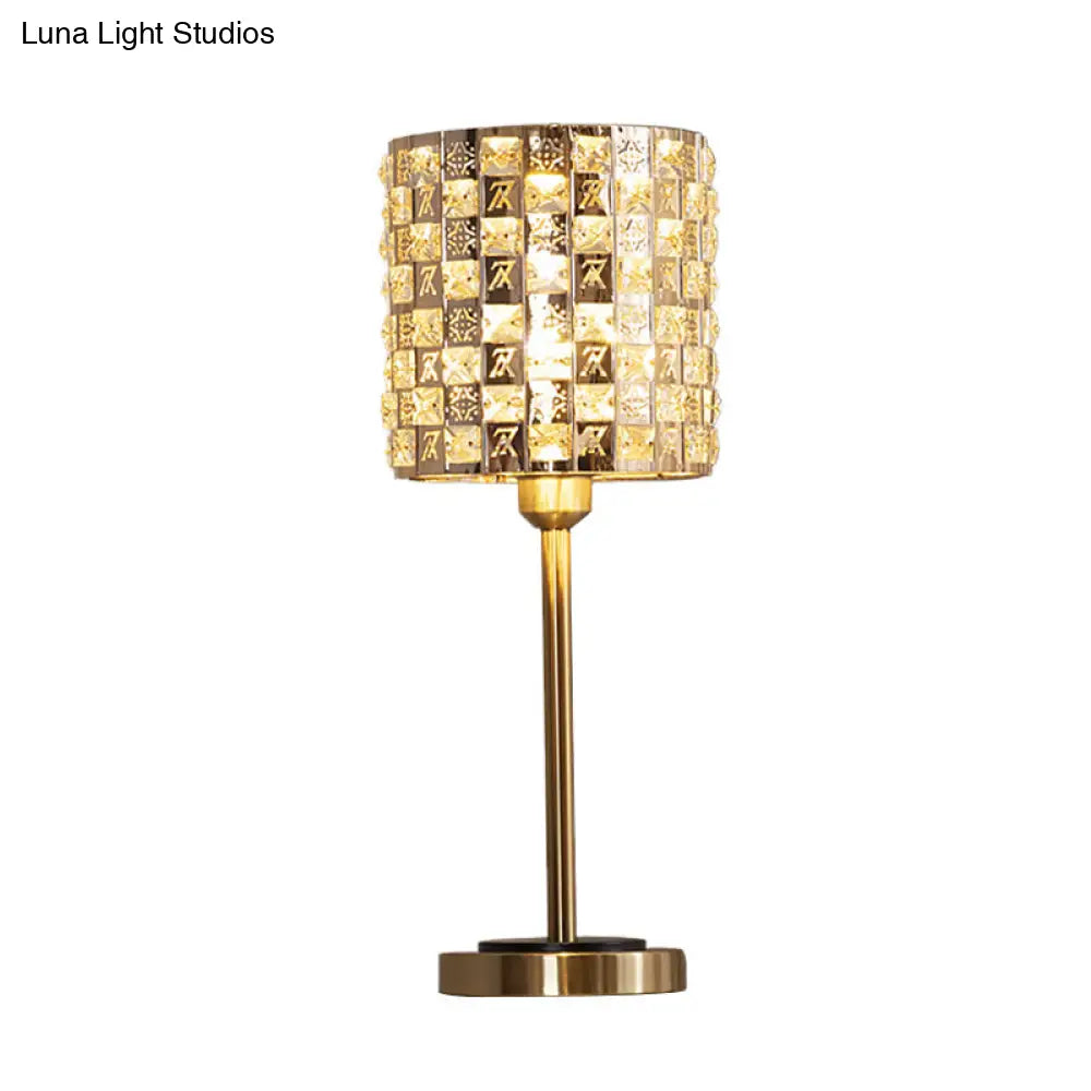 Brass Crystal Nightstand Lamp: Minimalist Cylindrical Insert Bedside Lighting With 1 Bulb