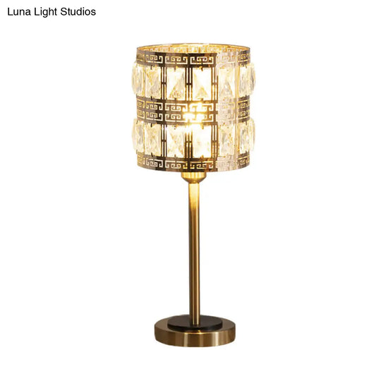 Brass Crystal Nightstand Lamp: Minimalist Cylindrical Insert Bedside Lighting With 1 Bulb