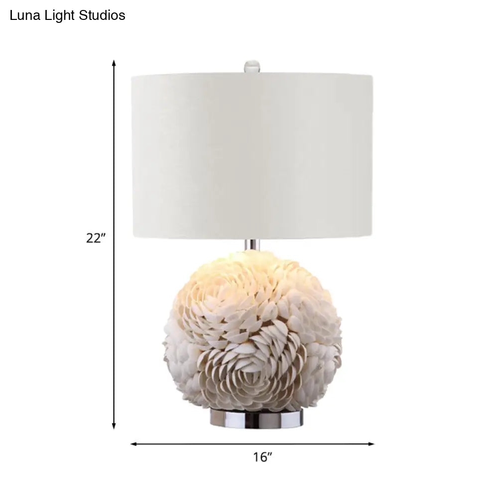 Rural Shell 1-Light White Nightstand Lamp With Drum Shade - Rose Globe Kitchen Table Lighting