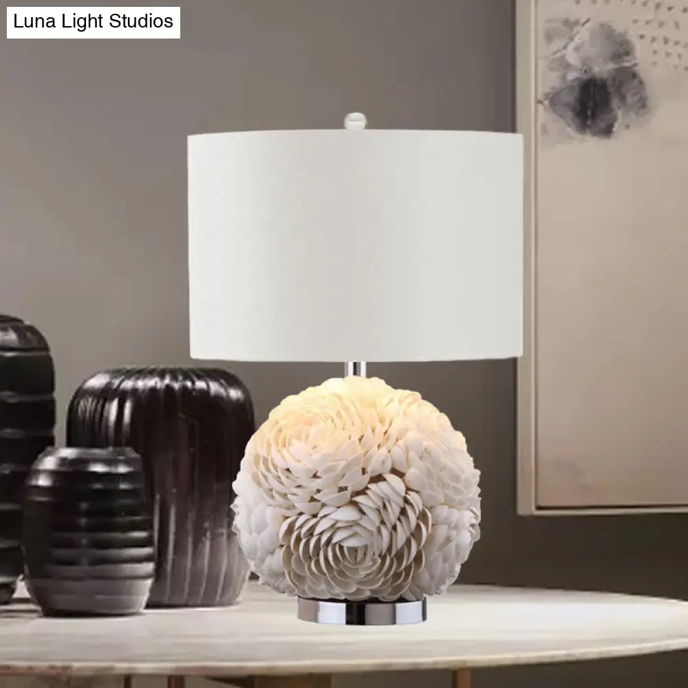 Rural Shell 1-Light White Nightstand Lamp With Drum Shade - Rose Globe Kitchen Table Lighting