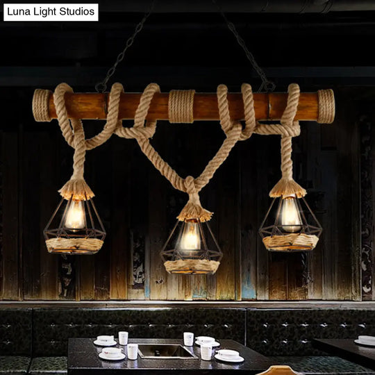 Sophie’s Rustic 3-Light Island Pendant With Beige Hemp Rope Shade For Restaurant Suspension Light