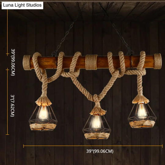 Sophie’s Rustic 3-Light Island Pendant With Beige Hemp Rope Shade For Restaurant Suspension Light