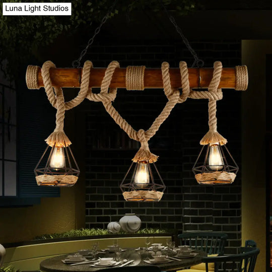 Sophie’s Rustic 3-Light Island Pendant With Beige Hemp Rope Shade For Restaurant Suspension Light