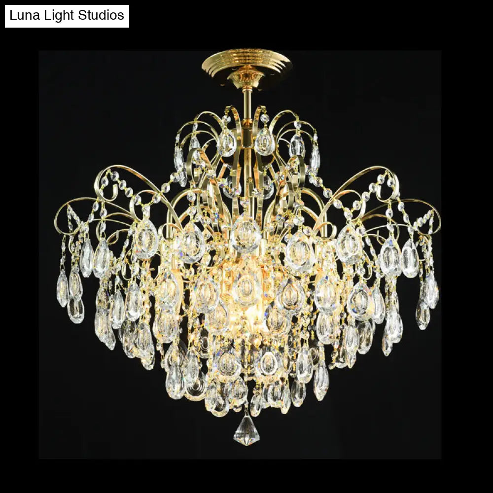 Sophisticated Cascade Crystal Drop Led Ceiling Light With Simple Gold Finish - 18/19.5 Wide Semi