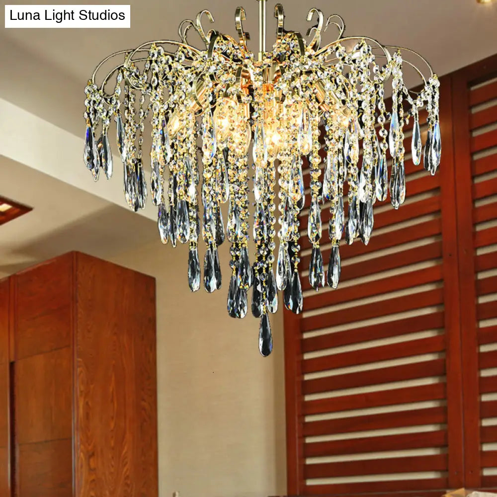 Sophisticated Cascade Crystal Drop Led Ceiling Light With Simple Gold Finish - 18’/19.5’ Wide