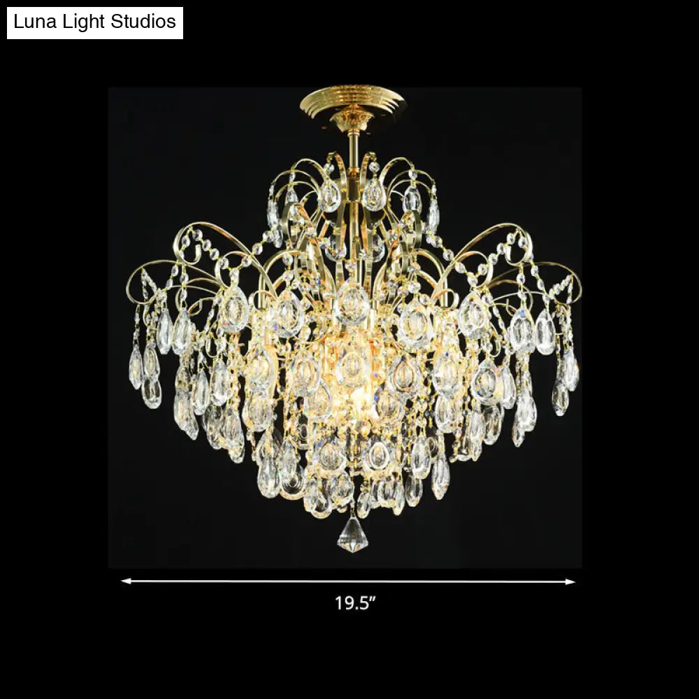 Sophisticated Cascade Crystal Drop Led Ceiling Light With Simple Gold Finish - 18/19.5 Wide Semi