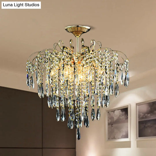 Sophisticated Cascade Crystal Drop Led Ceiling Light With Simple Gold Finish - 18/19.5 Wide Semi