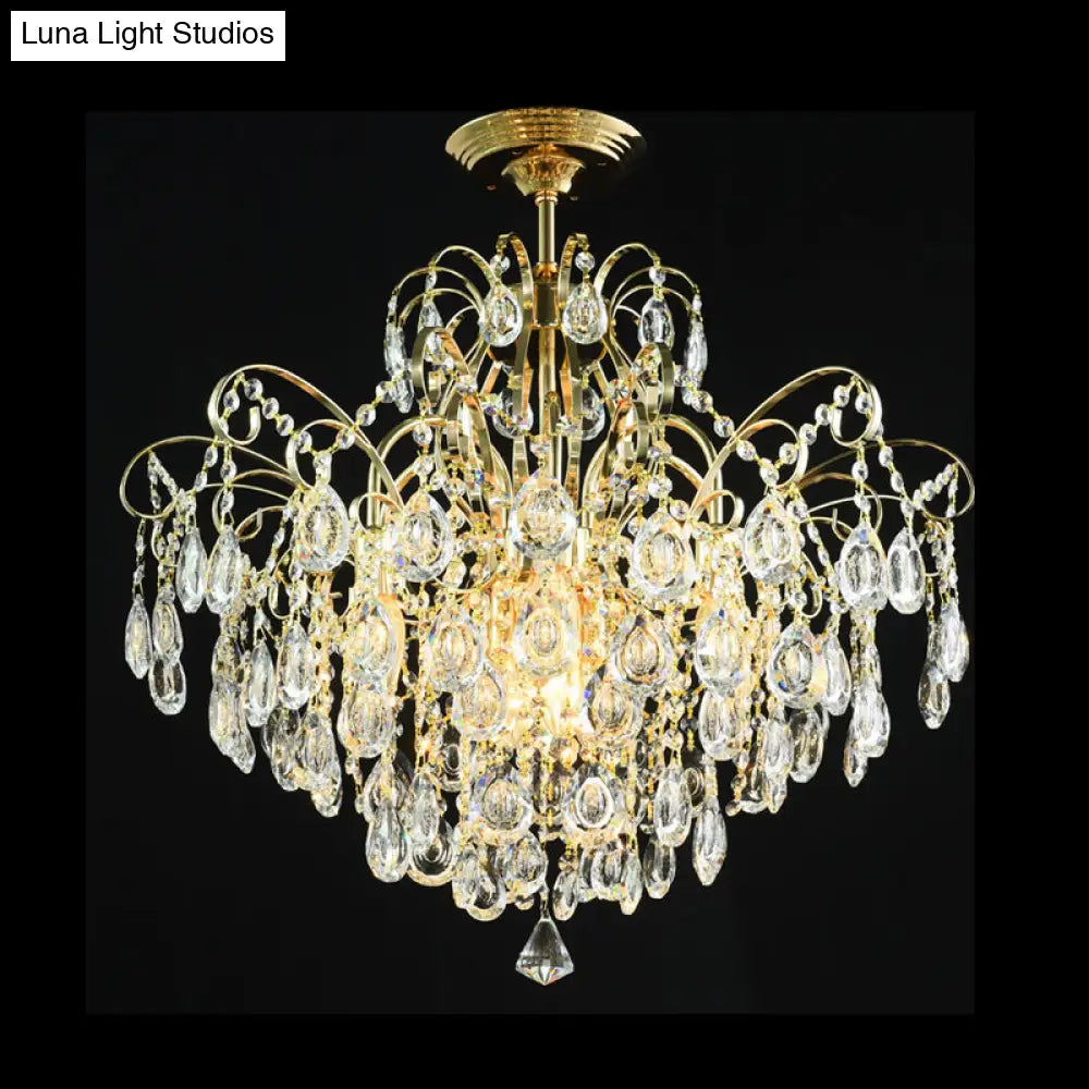 Sophisticated Cascade Crystal Drop Led Ceiling Light With Simple Gold Finish - 18’/19.5’ Wide