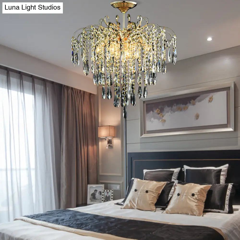 Sophisticated Cascade Crystal Drop Led Ceiling Light With Simple Gold Finish - 18’/19.5’ Wide