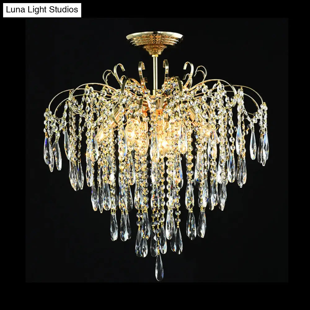 Sophisticated Cascade Crystal Drop Led Ceiling Light With Simple Gold Finish - 18’/19.5’ Wide