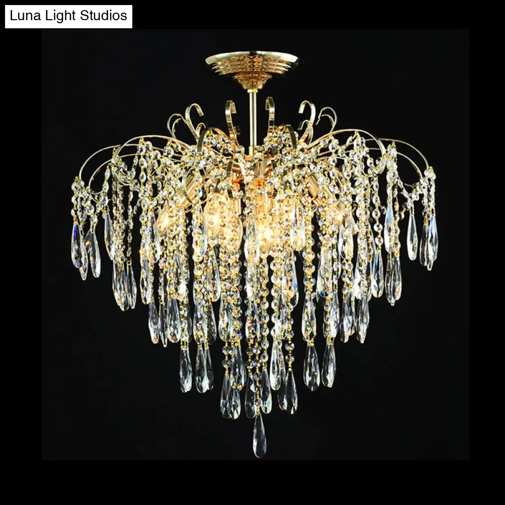 Sophisticated Cascade Crystal Drop Led Ceiling Light With Simple Gold Finish - 18/19.5 Wide Semi