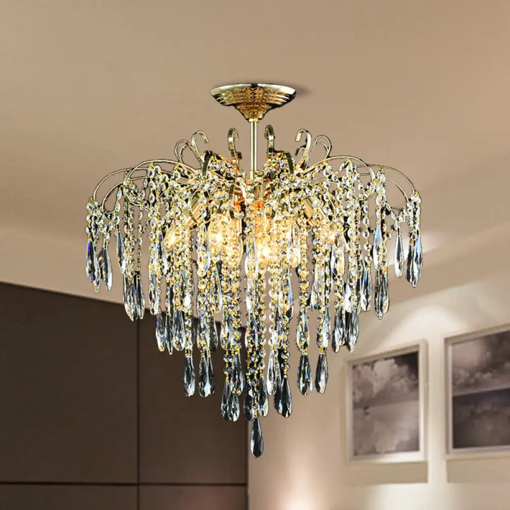 Sophisticated Cascade Crystal Drop Led Ceiling Light With Simple Gold Finish - 18’/19.5’ Wide