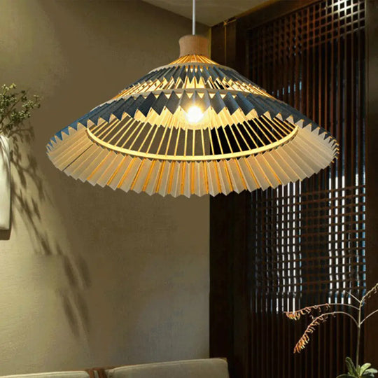 South-East Asian Bamboo Pendant Lamp With Blue Conical Shade - 1 Head Ceiling Lighting For Table