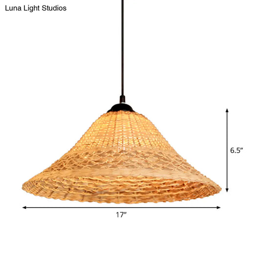 South East Asian Bamboo Pendant Lamp With Wide Flare And Brown Suspension - Includes 1 Bulb