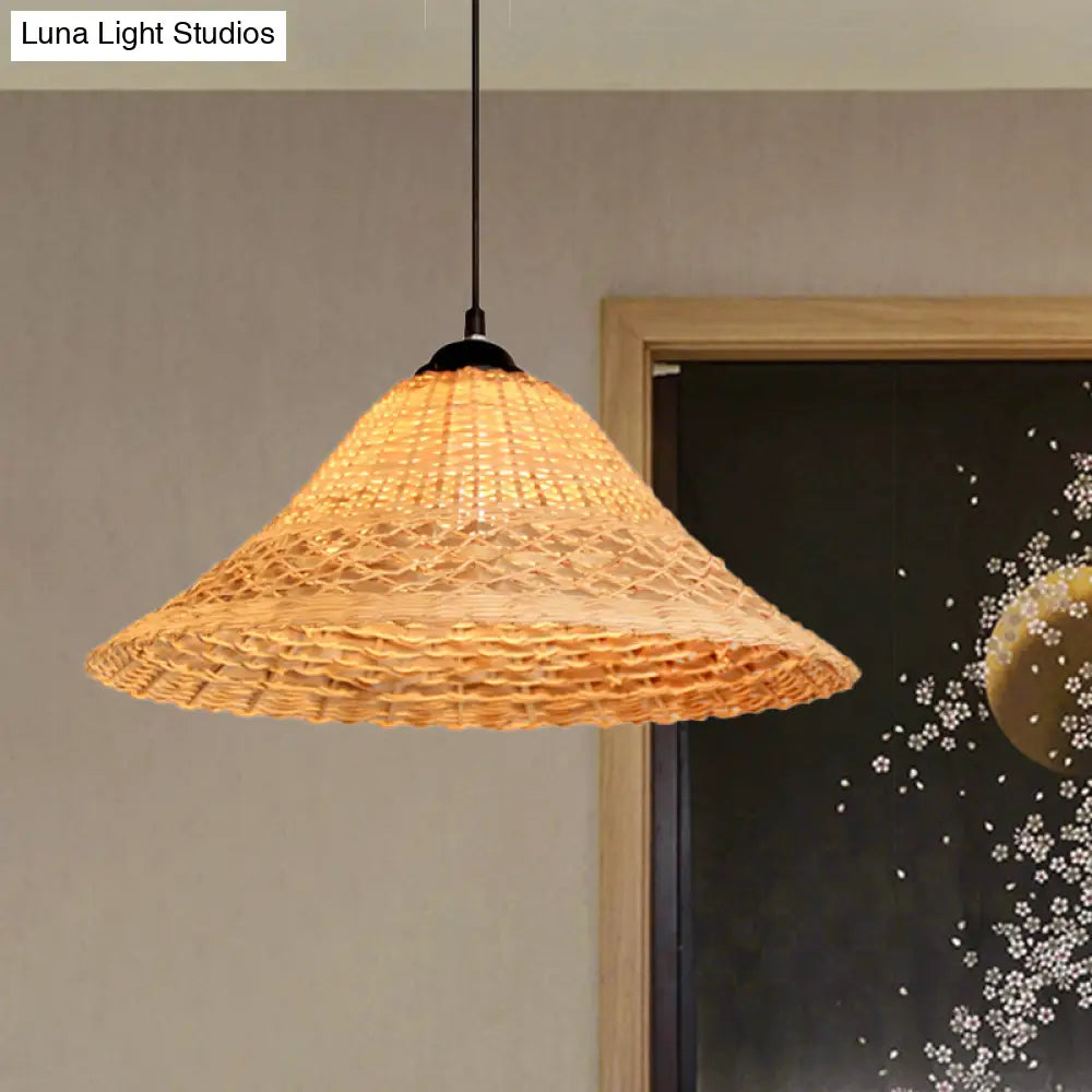 South East Asian Bamboo Pendant Lamp With Wide Flare And Brown Suspension - Includes 1 Bulb