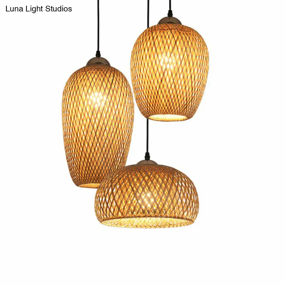 South-East Asia Wood Pendant Light With Handmade Bamboo Shades - Elegant 3-Light Restaurant Hanging