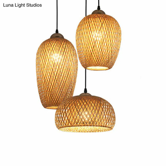 South-East Asia Wood Pendant Light With Handmade Bamboo Shades - Elegant 3-Light Restaurant Hanging