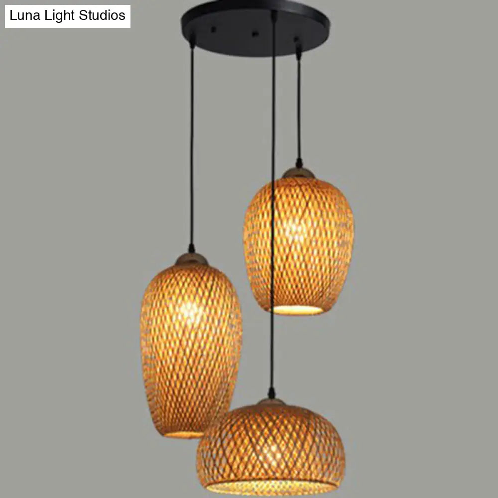 South-East Asia Wood Pendant Light With Handmade Bamboo Shades - Elegant 3-Light Restaurant Hanging