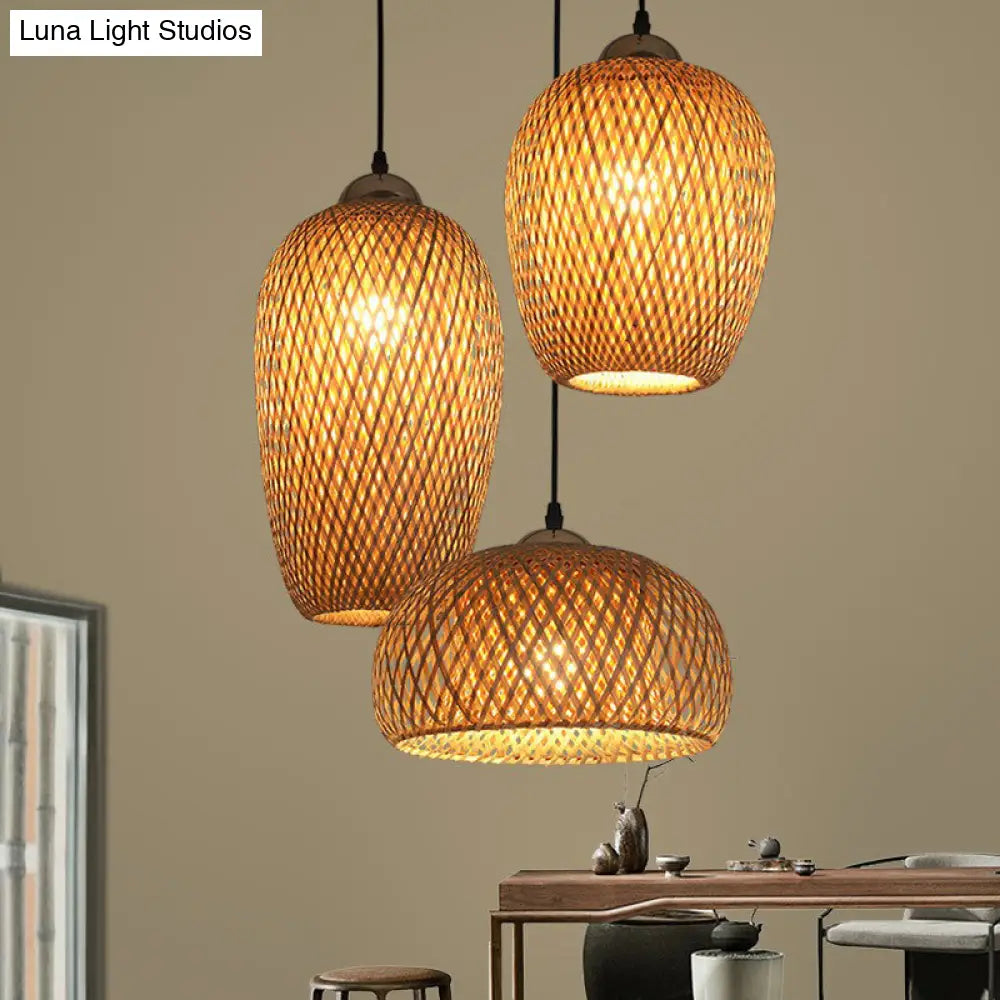 South-East Asian Bamboo Pendant Light With 3 Handmade Shades For Restaurant Ambiance