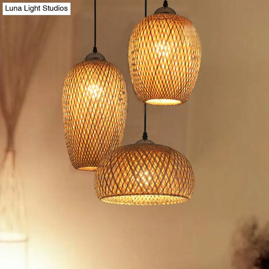 South-East Asia Wood Pendant Light With Handmade Bamboo Shades - Elegant 3-Light Restaurant Hanging