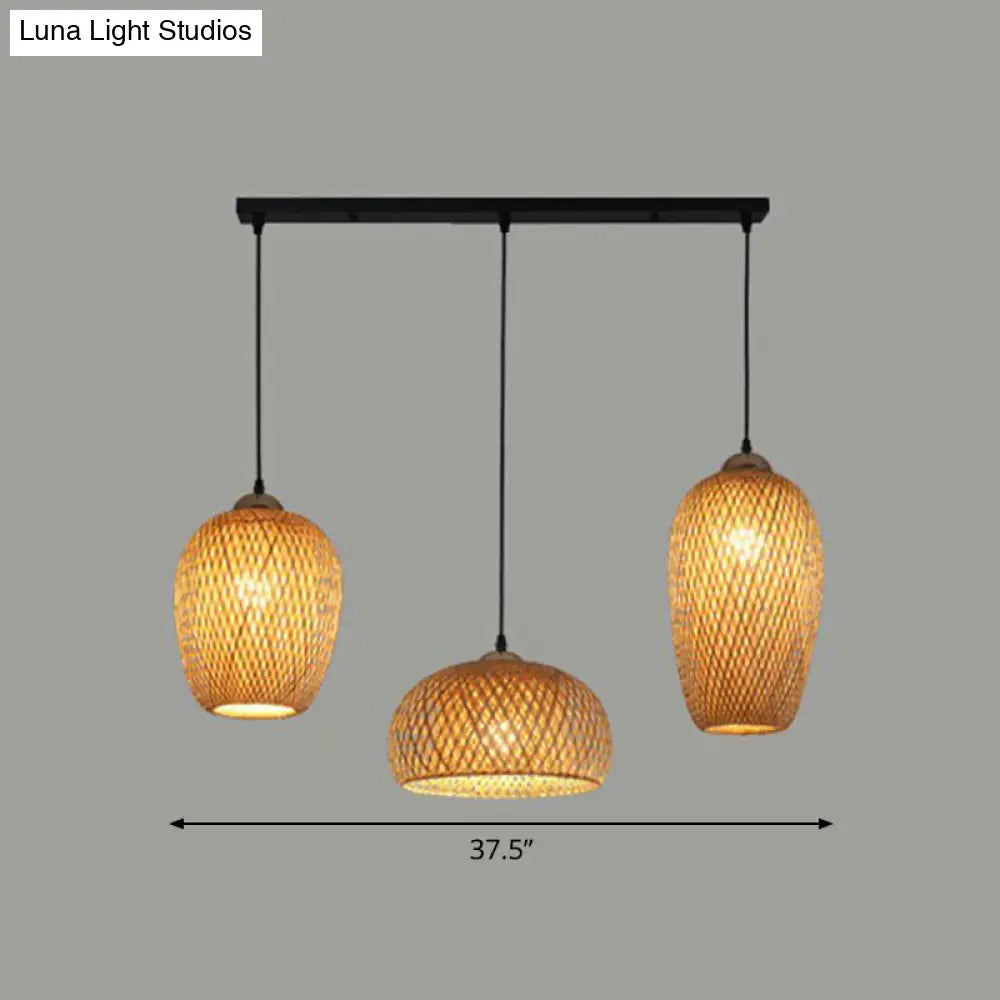 South-East Asia Wood Pendant Light With Handmade Bamboo Shades - Elegant 3-Light Restaurant Hanging