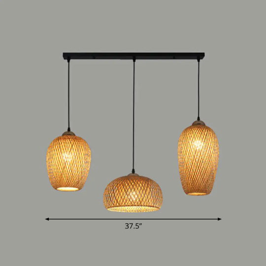 South-East Asian Bamboo Pendant Light With 3 Handmade Shades For Restaurant Ambiance Wood / Linear