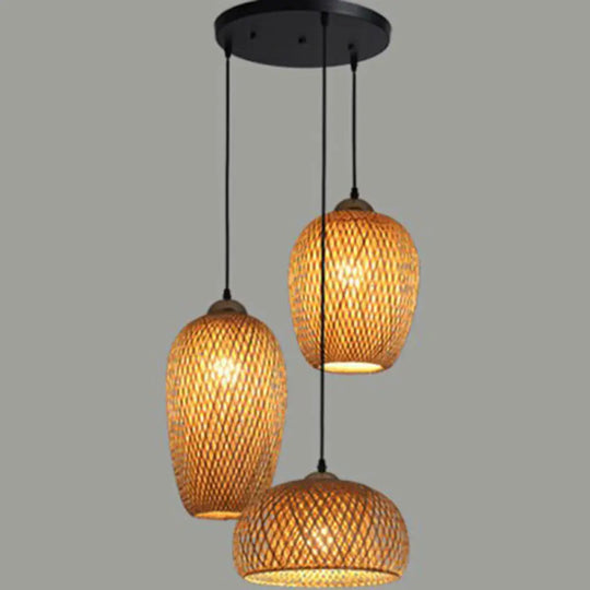 South-East Asian Bamboo Pendant Light With 3 Handmade Shades For Restaurant Ambiance Wood / Round