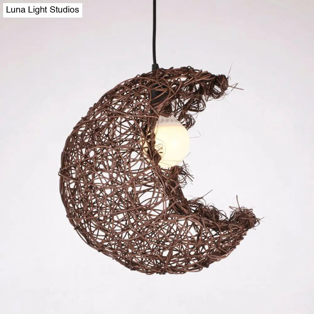 South-East Asian Crescent Shade Rattan Hanging Lamp For Tea Rooms - 1 Bulb Ceiling Lighting