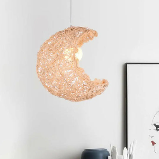 South-East Asian Crescent Shade Rattan Hanging Lamp For Tea Rooms - 1 Bulb Ceiling Lighting Wood