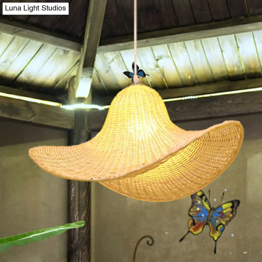 South-East Straw Hat Rattan Pendant Light: Tea Room Wood Hanging Ceiling Lamp