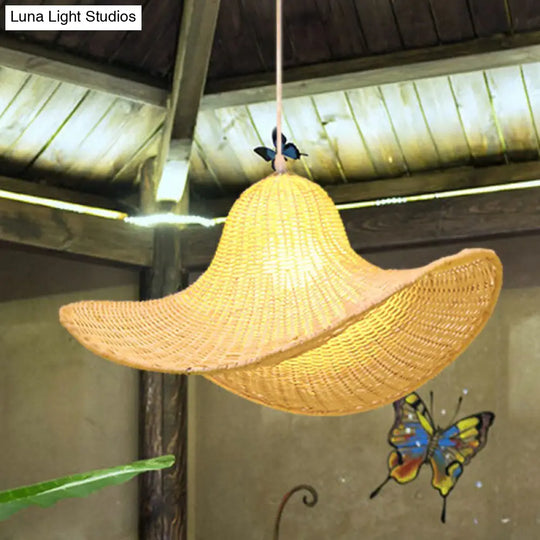 South-East Straw Hat Rattan Pendant Light: Tea Room Wood Hanging Ceiling Lamp