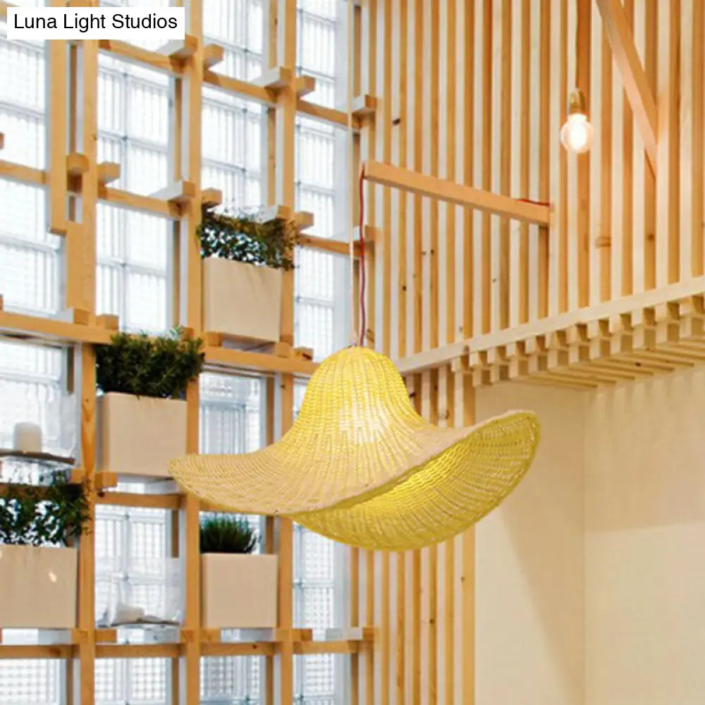 South-East Straw Hat Rattan Pendant Light: Tea Room Wood Hanging Ceiling Lamp