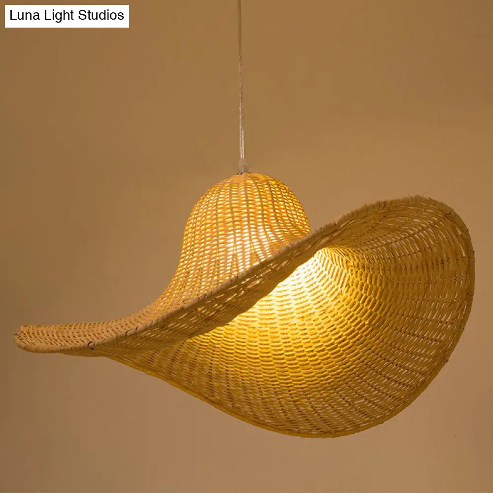 South-East Straw Hat Rattan Pendant Light: Tea Room Wood Hanging Ceiling Lamp