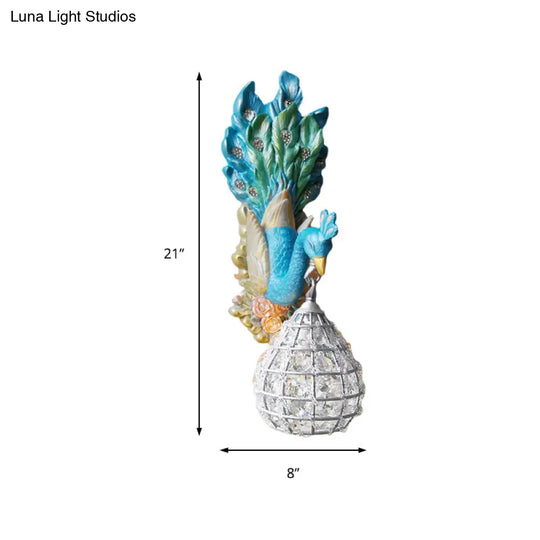 Southeast Asia Style Blue Peacock Wall Light Fixture Resin Bedroom Sconce Lamp With Globe Frame