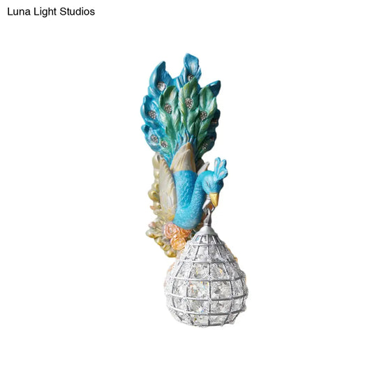 Southeast Asia Style Blue Peacock Wall Light Fixture Resin Bedroom Sconce Lamp With Globe Frame