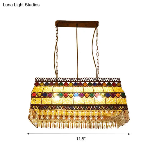 Southeast Asian Crystal Drop Rectangle Living Room Pendant Light With 3 Yellow Island Heads