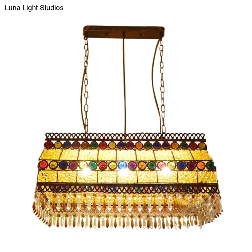 Southeast Asian Crystal Drop Rectangle Living Room Pendant Light With 3 Yellow Island Heads